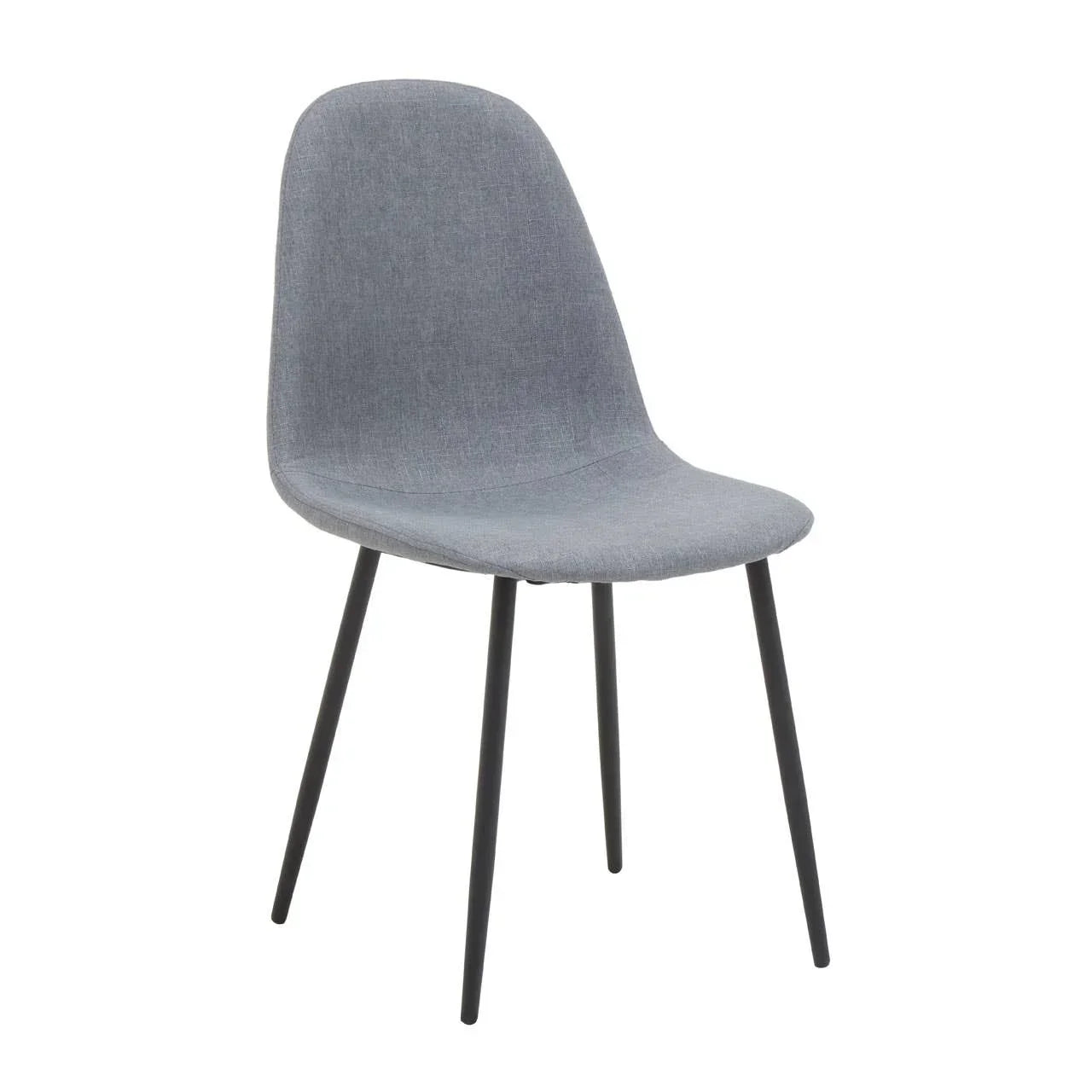 Grey fabric dining chair with curved backrest and black metal legs on white background