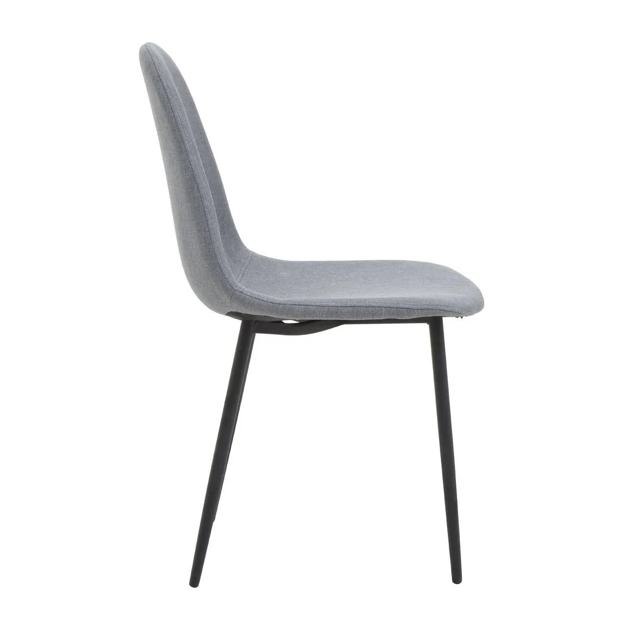 Grey fabric dining chair with black metal legs, side profile view