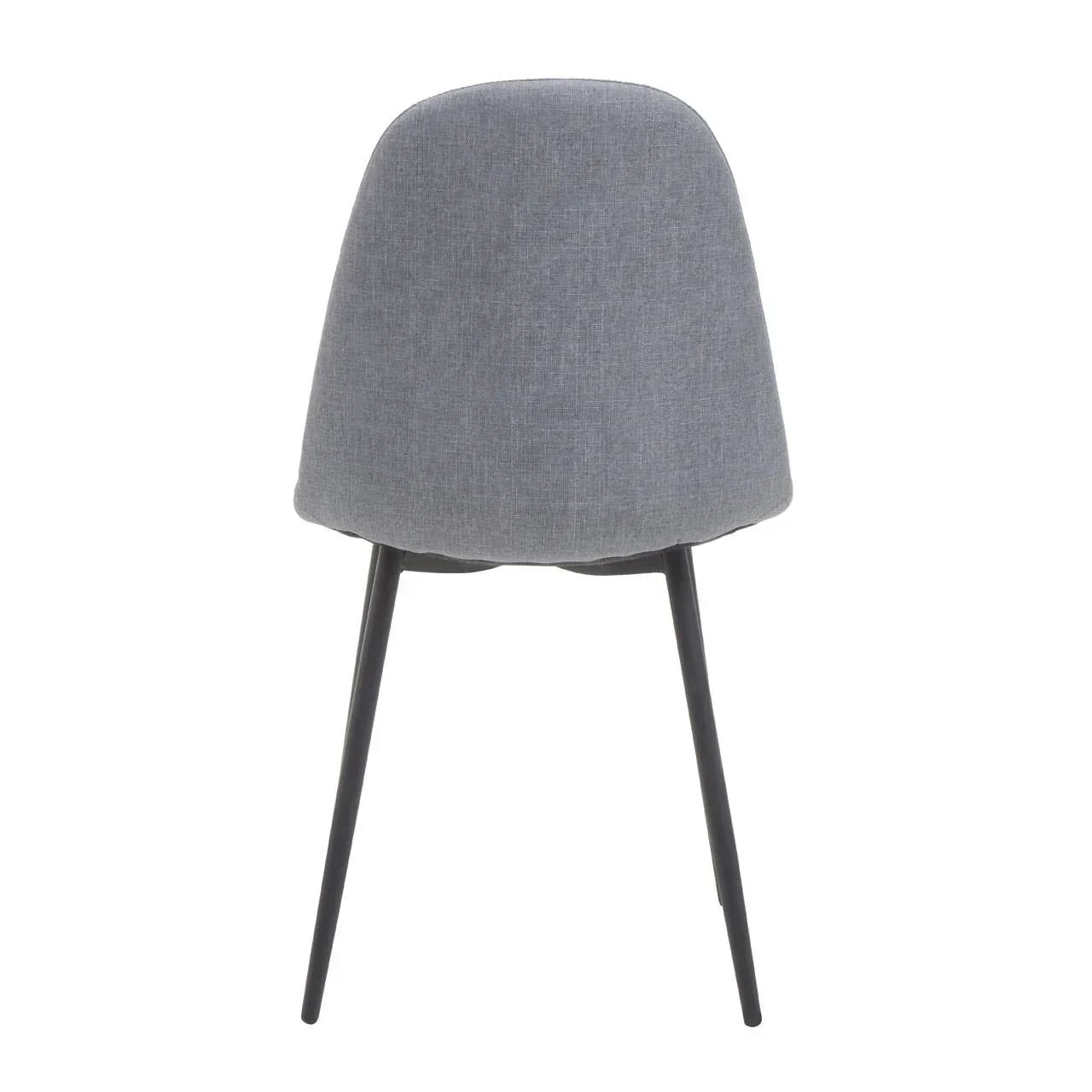 Grey fabric dining chair with curved backrest and black metal legs, rear view