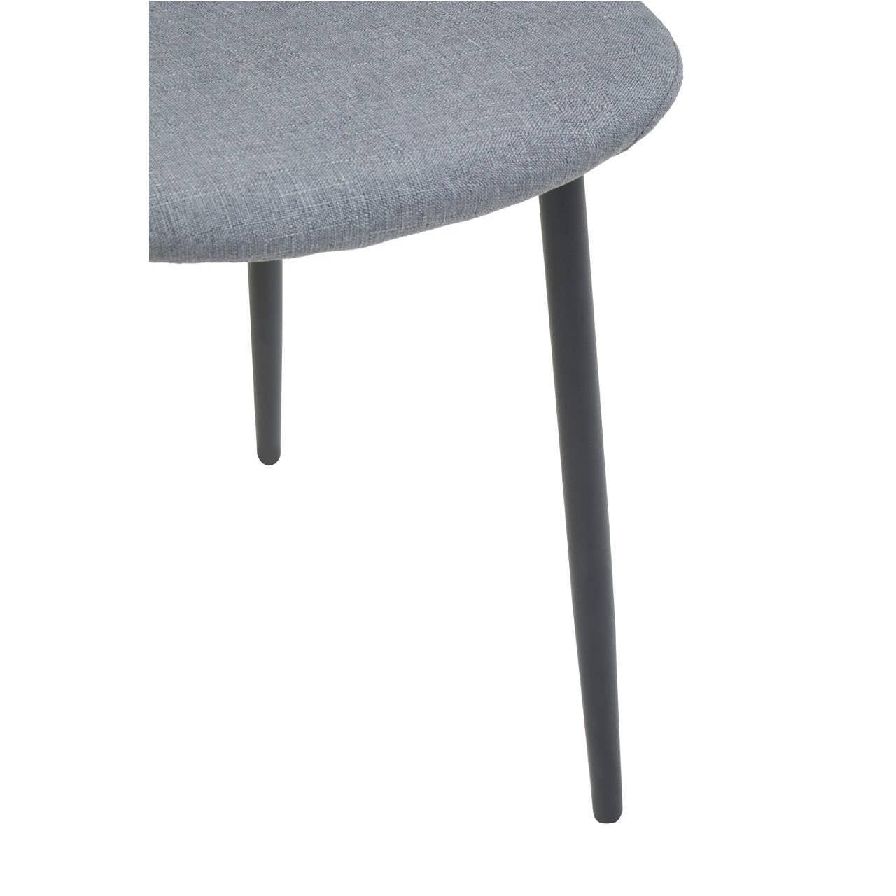 Grey fabric dining chair seat with slim black metal legs, close-up view
