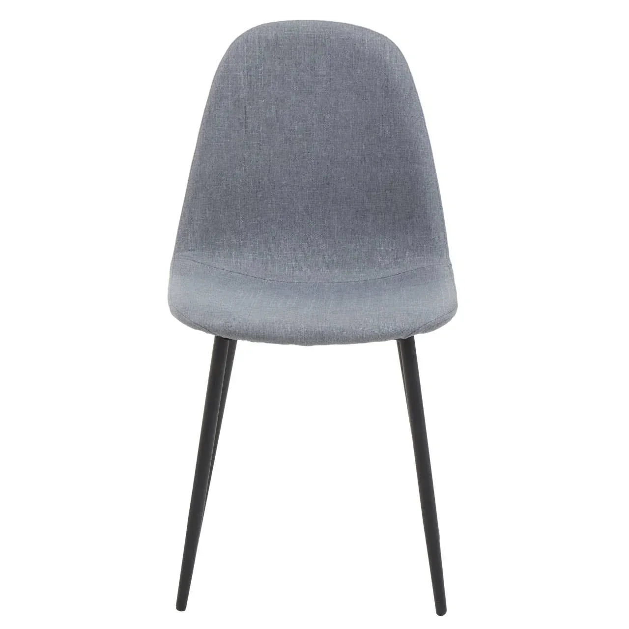 Grey upholstered dining chair with curved backrest and slim black metal legs, front view