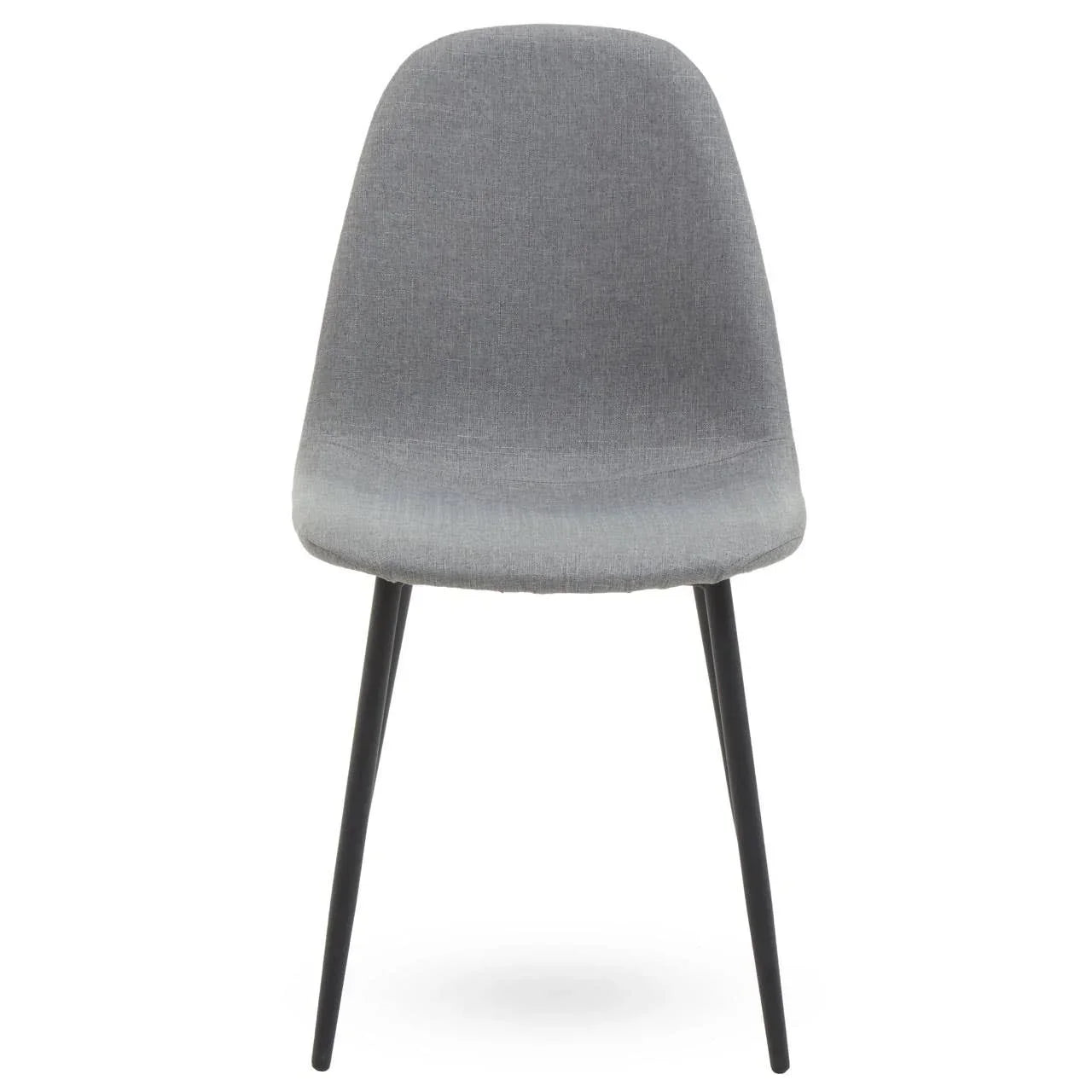 Grey fabric dining chair with curved backrest and black metal legs front view