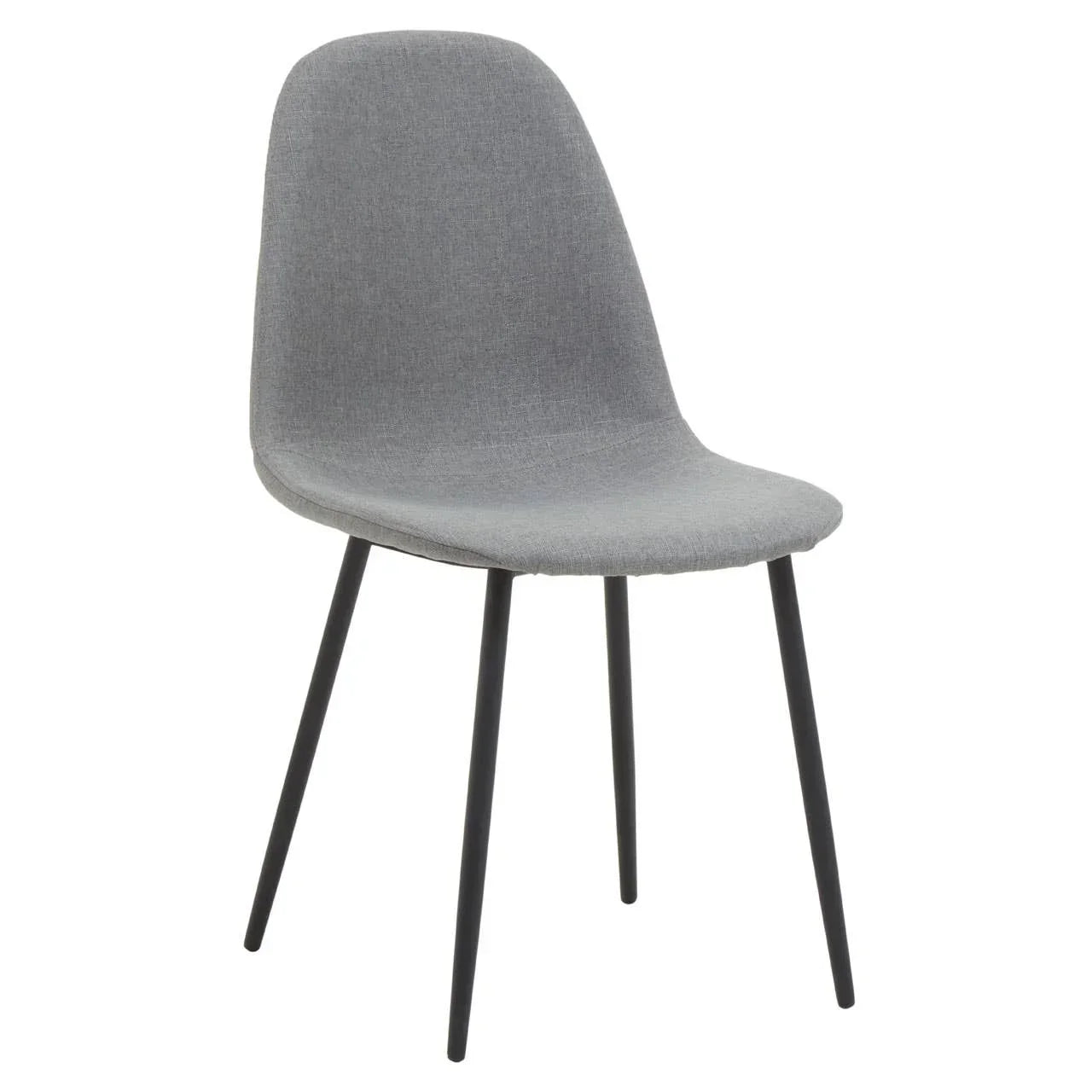 Grey fabric dining chair with curved backrest and black metal legs, front angled view