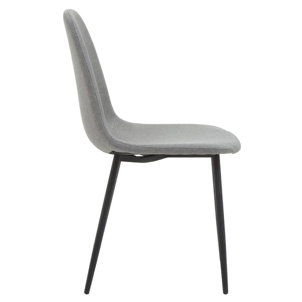 Grey fabric dining chair with black metal legs, side view