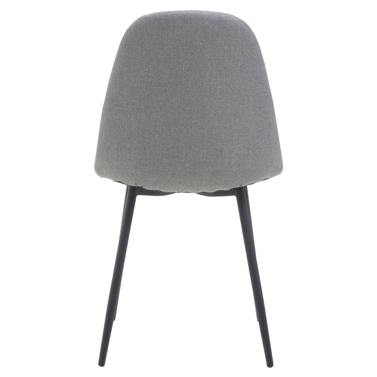 Rear view of grey fabric dining chair with black metal legs