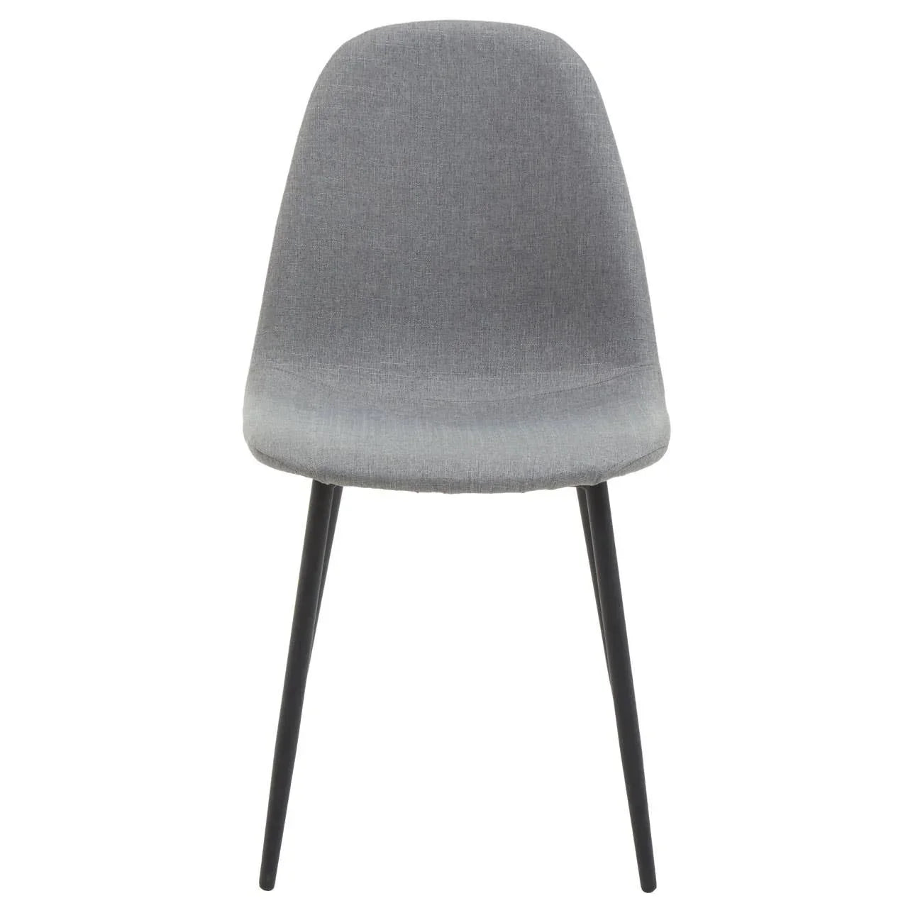 Grey fabric dining chair with curved backrest and black metal legs, front view