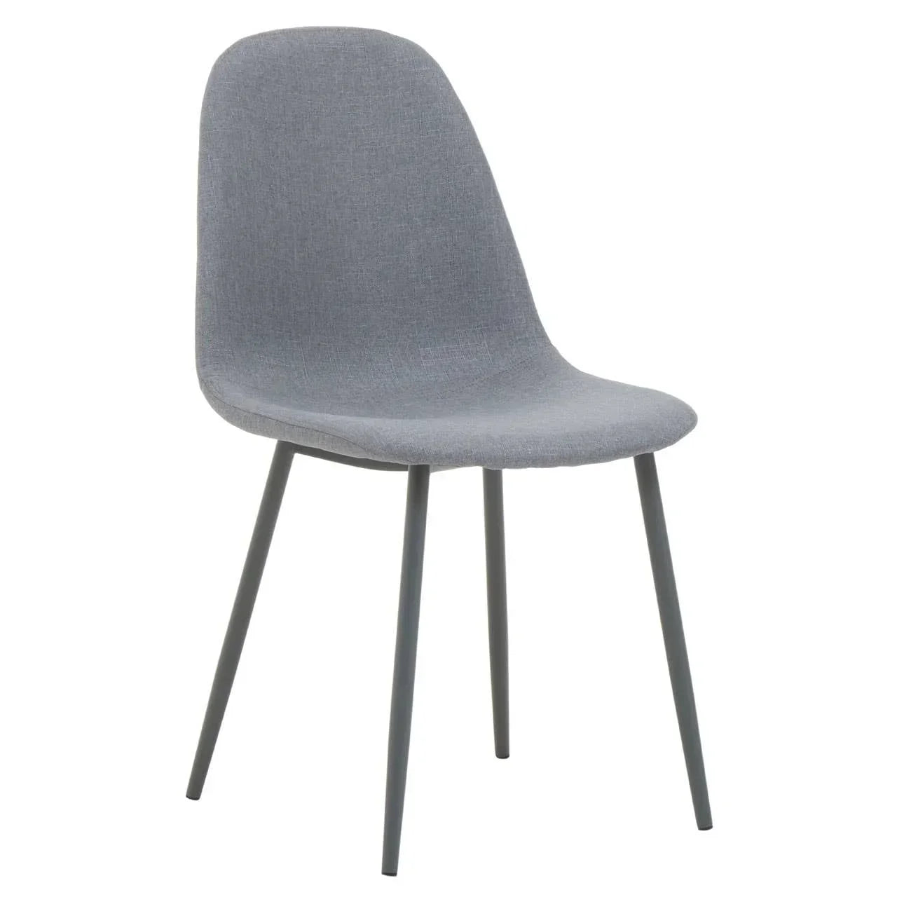 Grey fabric dining chair with curved backrest and metal legs, side angle view