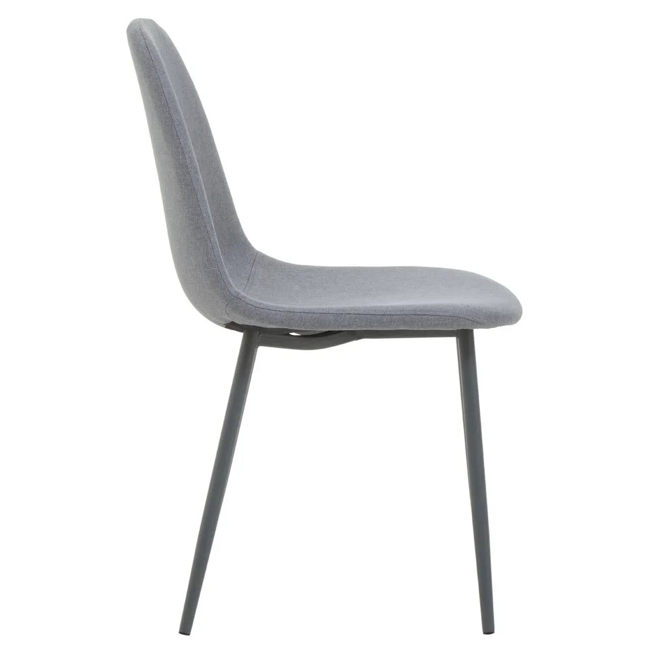 Grey fabric dining chair with slim metal legs side view