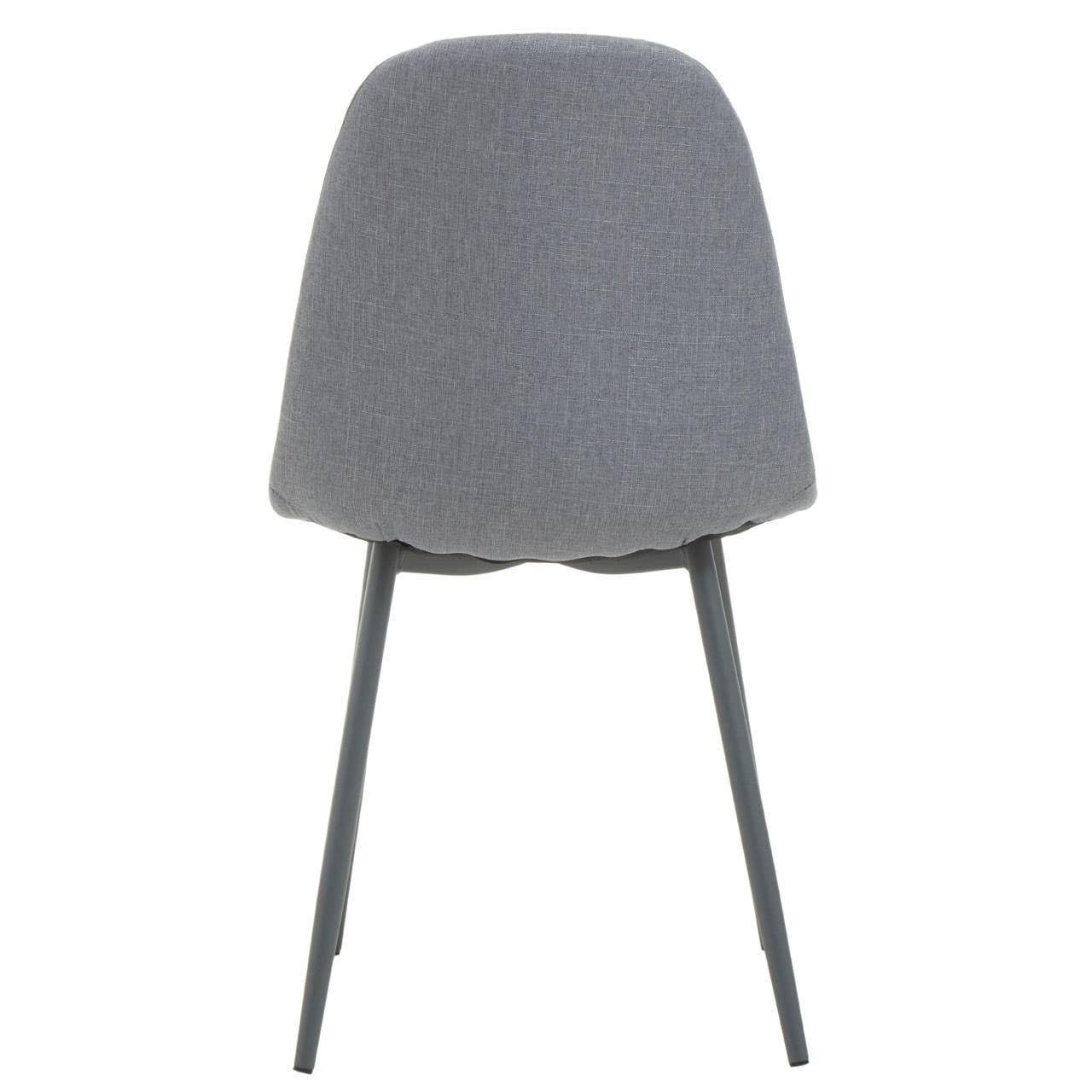 Back view of grey fabric dining chair with slim metal legs
