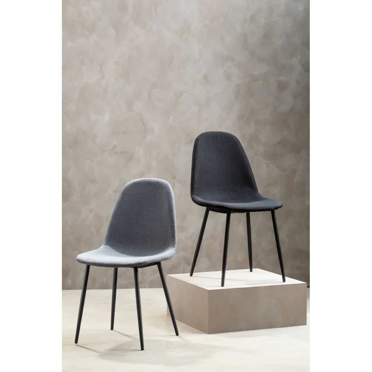 Set of two modern dining chairs with black legs in grey and charcoal upholstery