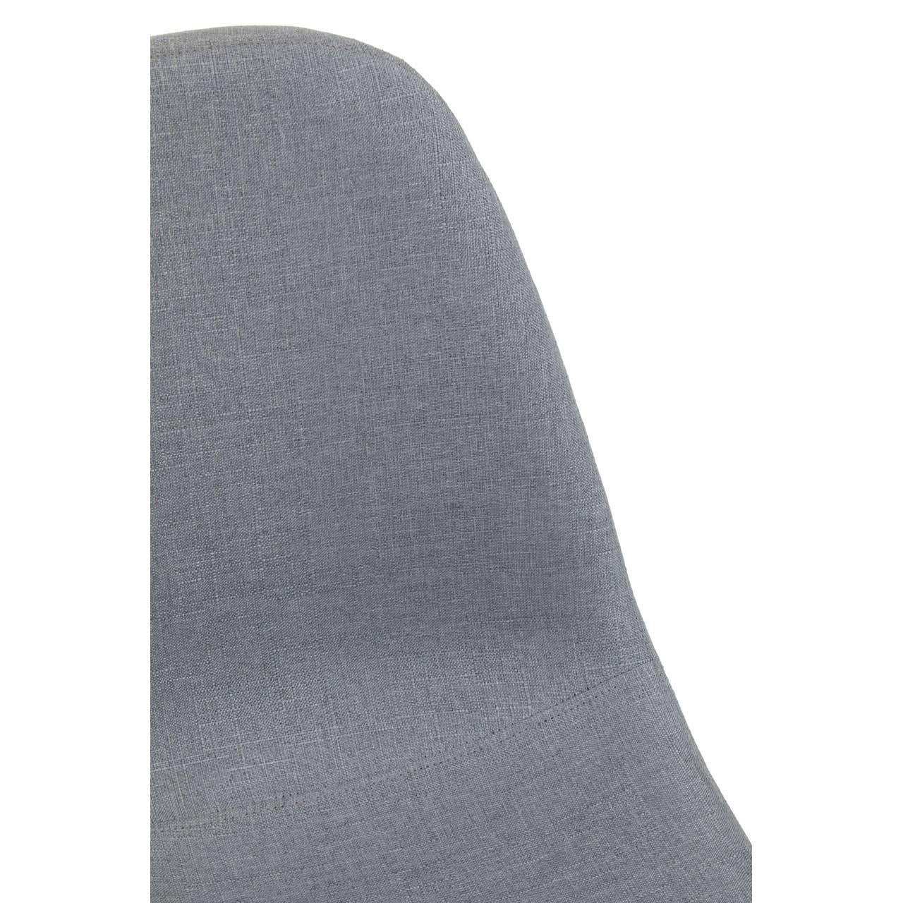 Close view of grey fabric dining chair backrest with subtle textured upholstery