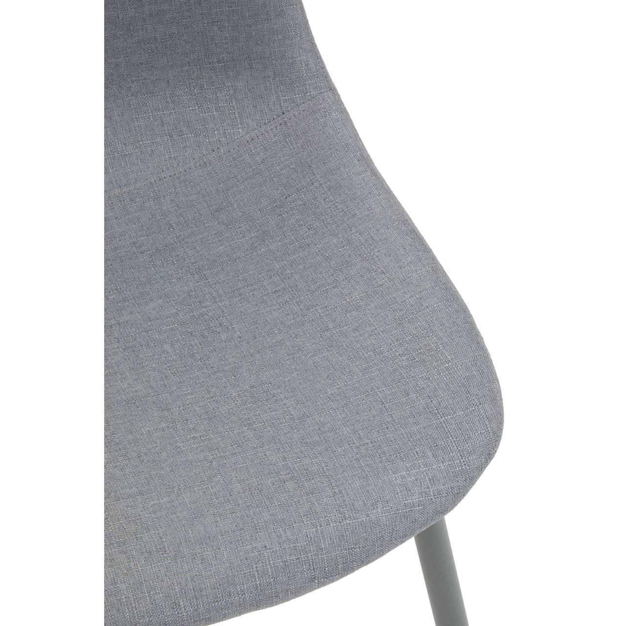 Closeup of light grey fabric dining chair seat with visible textured upholstery