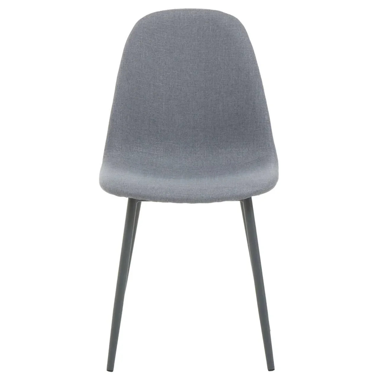 Grey fabric dining chair with padded seat and slim angled metal legs, front view