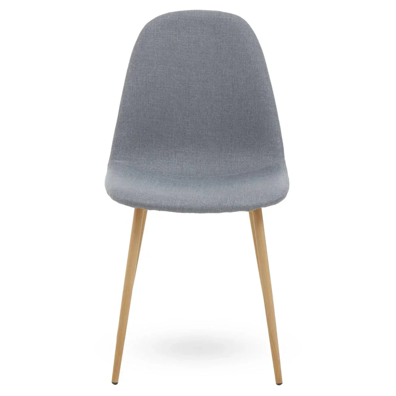 Grey fabric dining chair with curved backrest and wooden legs, front view