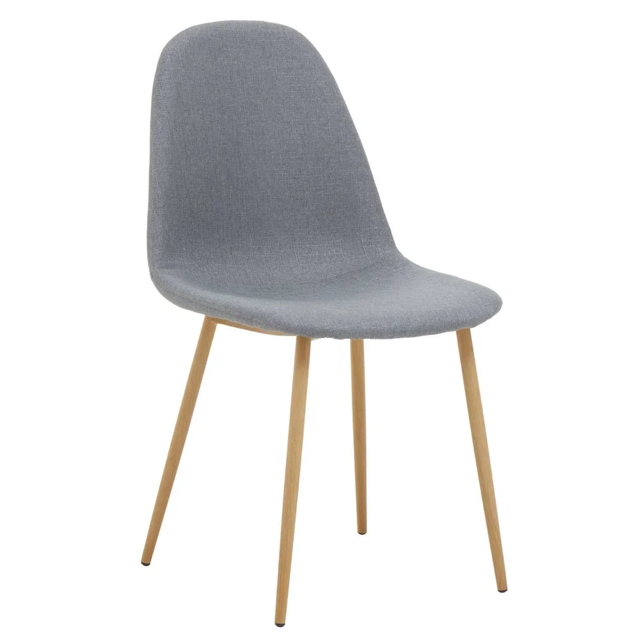 Grey fabric dining chair with curved seat and wooden legs on white background