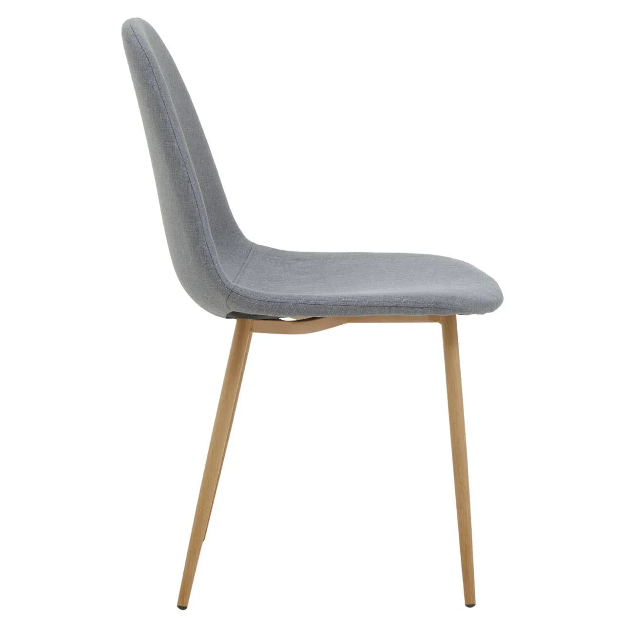 Grey upholstered dining chair with wooden legs, side view