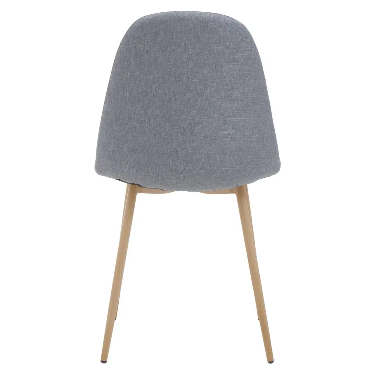 Back view of grey fabric dining chair with light wooden legs