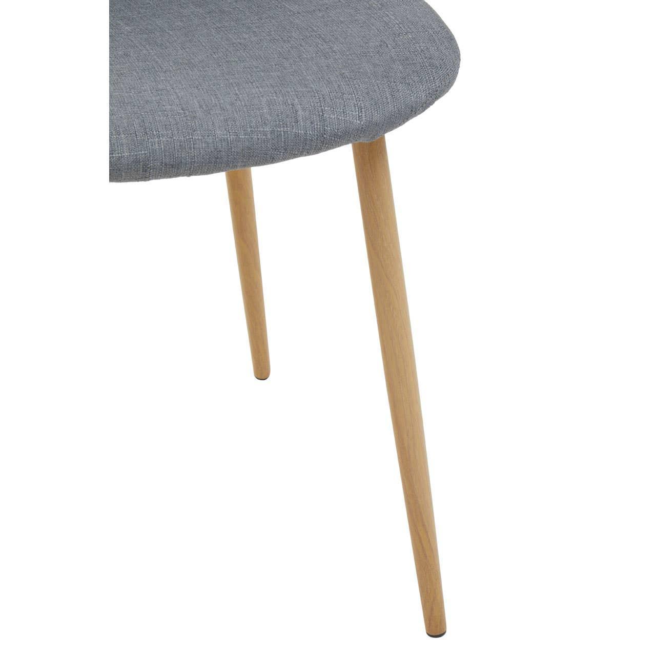Grey fabric dining chair with light wood legs, close view of seat and angled legs