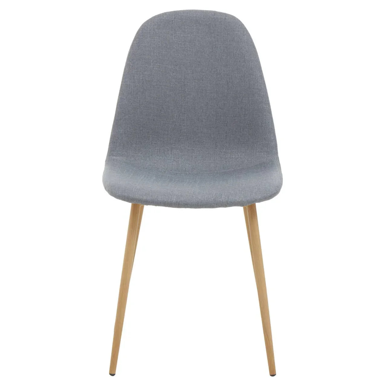 Grey fabric dining chair with curved backrest and wooden legs, front facing view