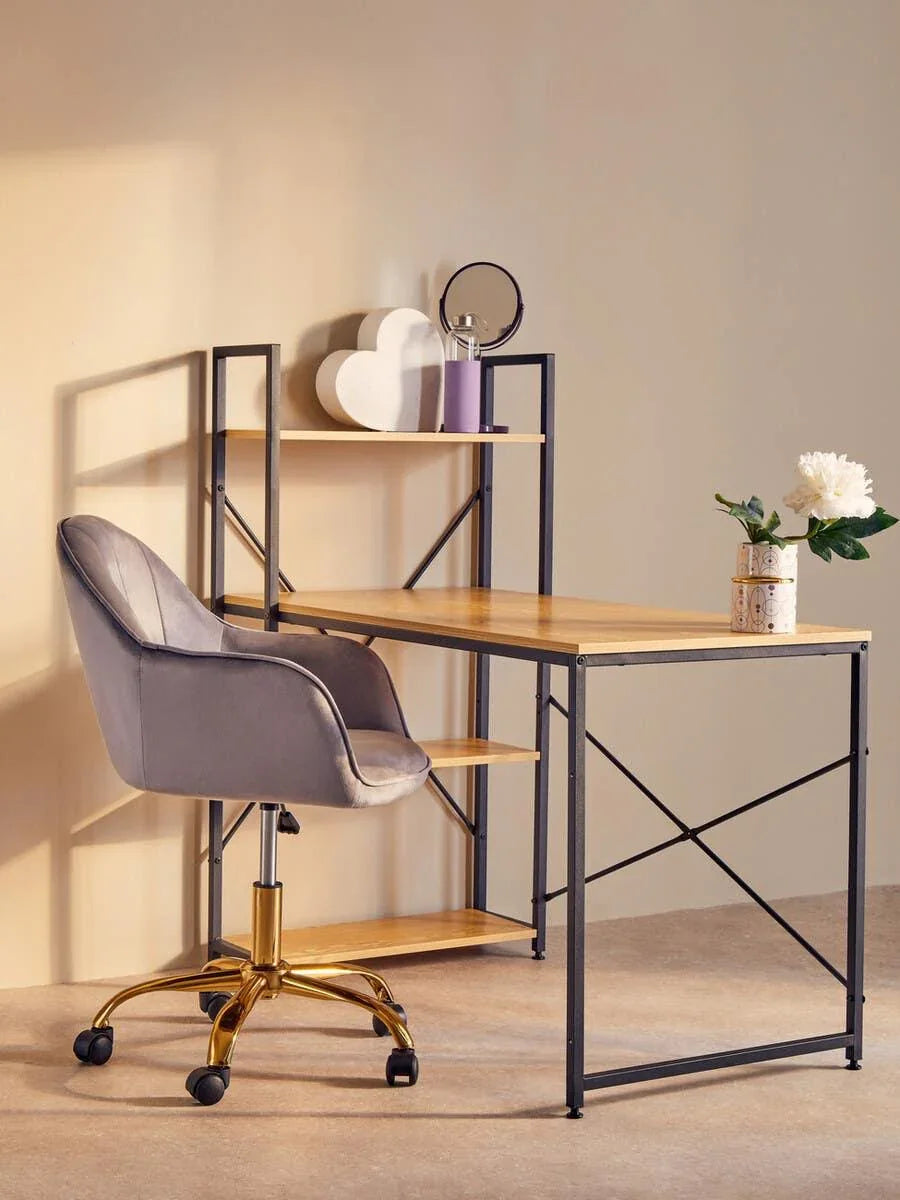 Wooden office desk with shelves, grey swivel chair and gold base in modern study setting