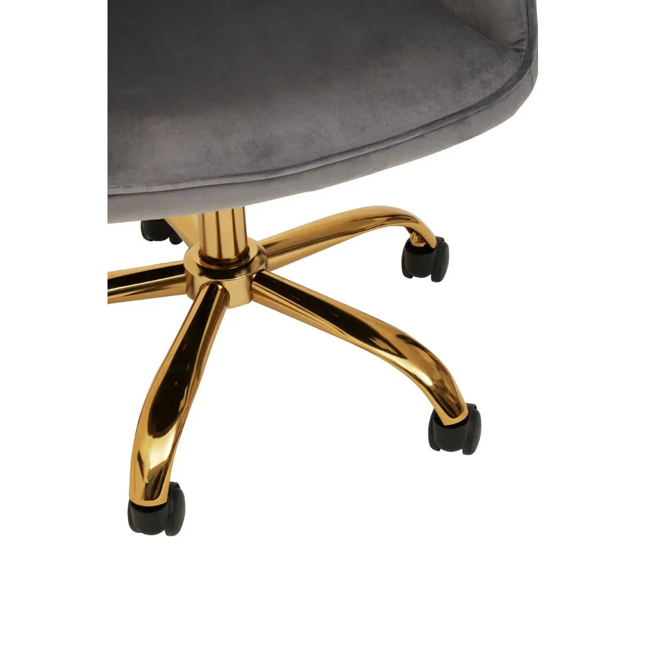 Grey velvet office chair with gold metal base and black castor wheels closeup