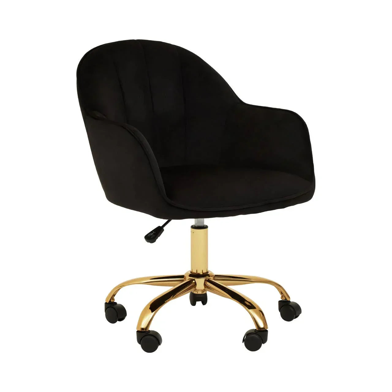 Black velvet office chair with gold swivel base and armrests on castor wheels
