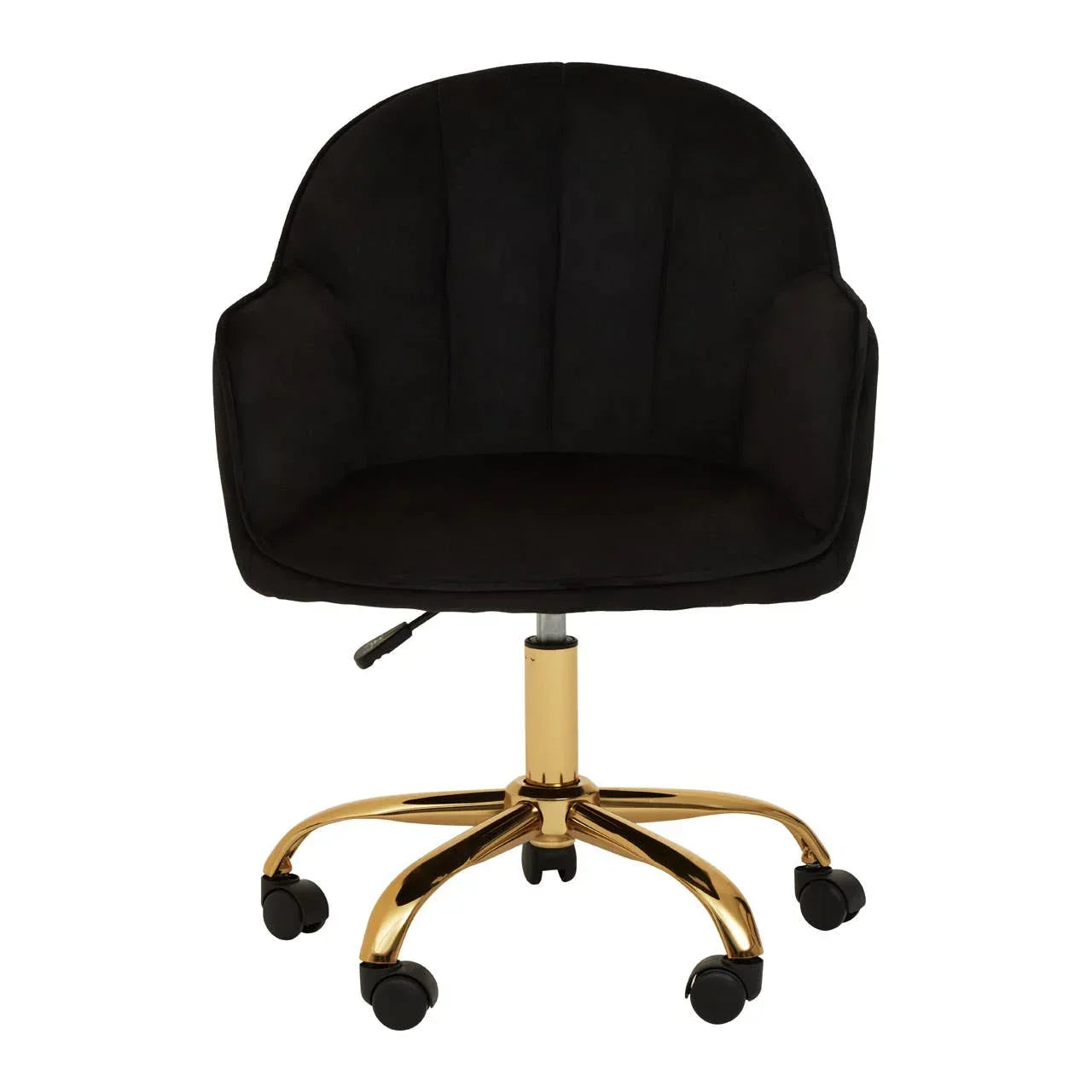 Black velvet office chair with gold swivel base and wheels, front view