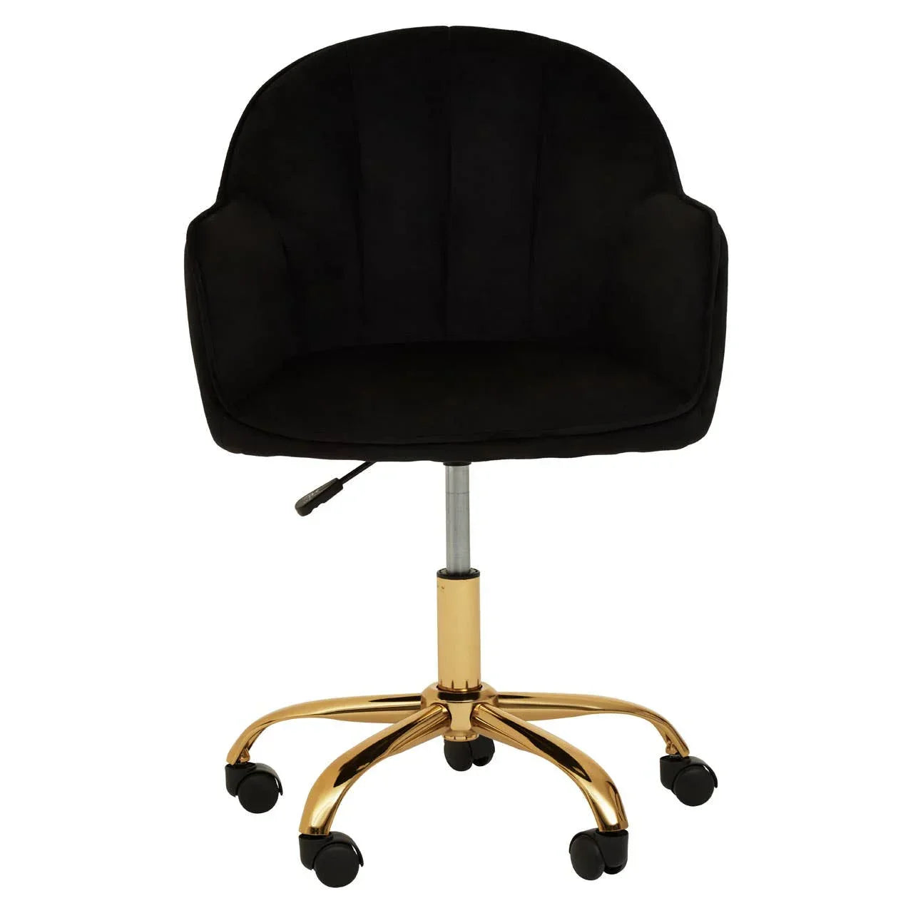 Black velvet office chair with gold metal base and caster wheels, front view