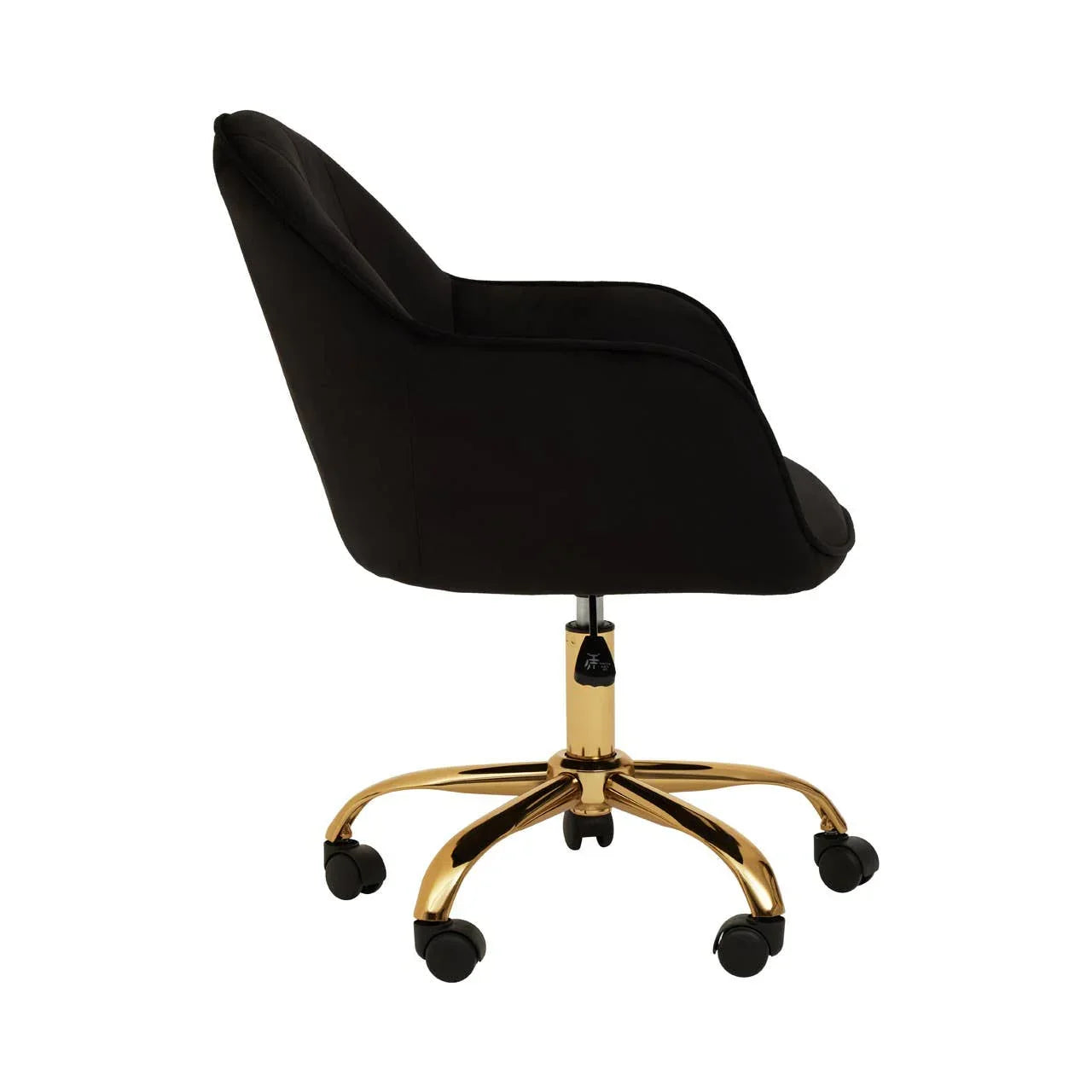 Black office chair with gold base and castor wheels, rear angle view