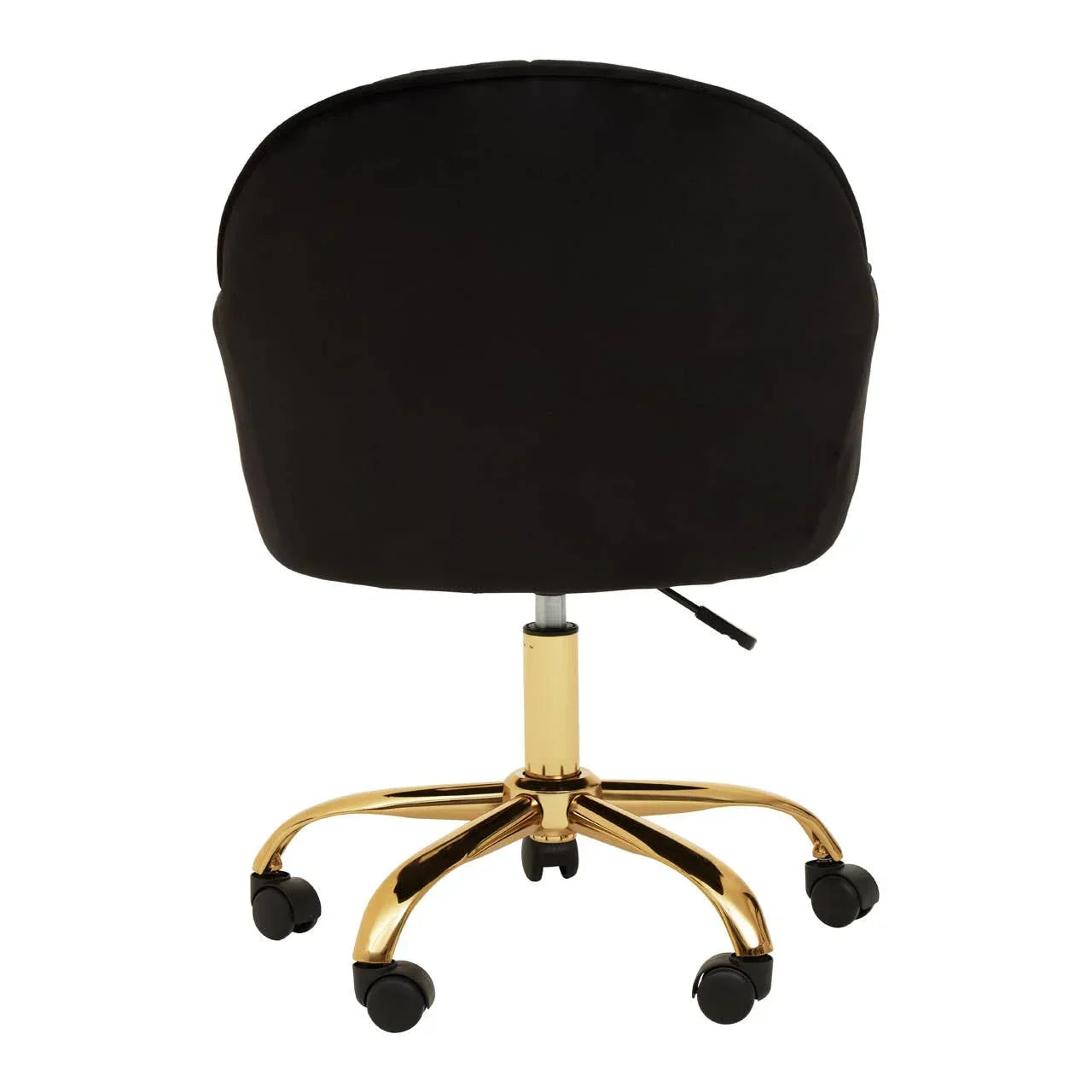 Black office chair with gold base and caster wheels, rear view