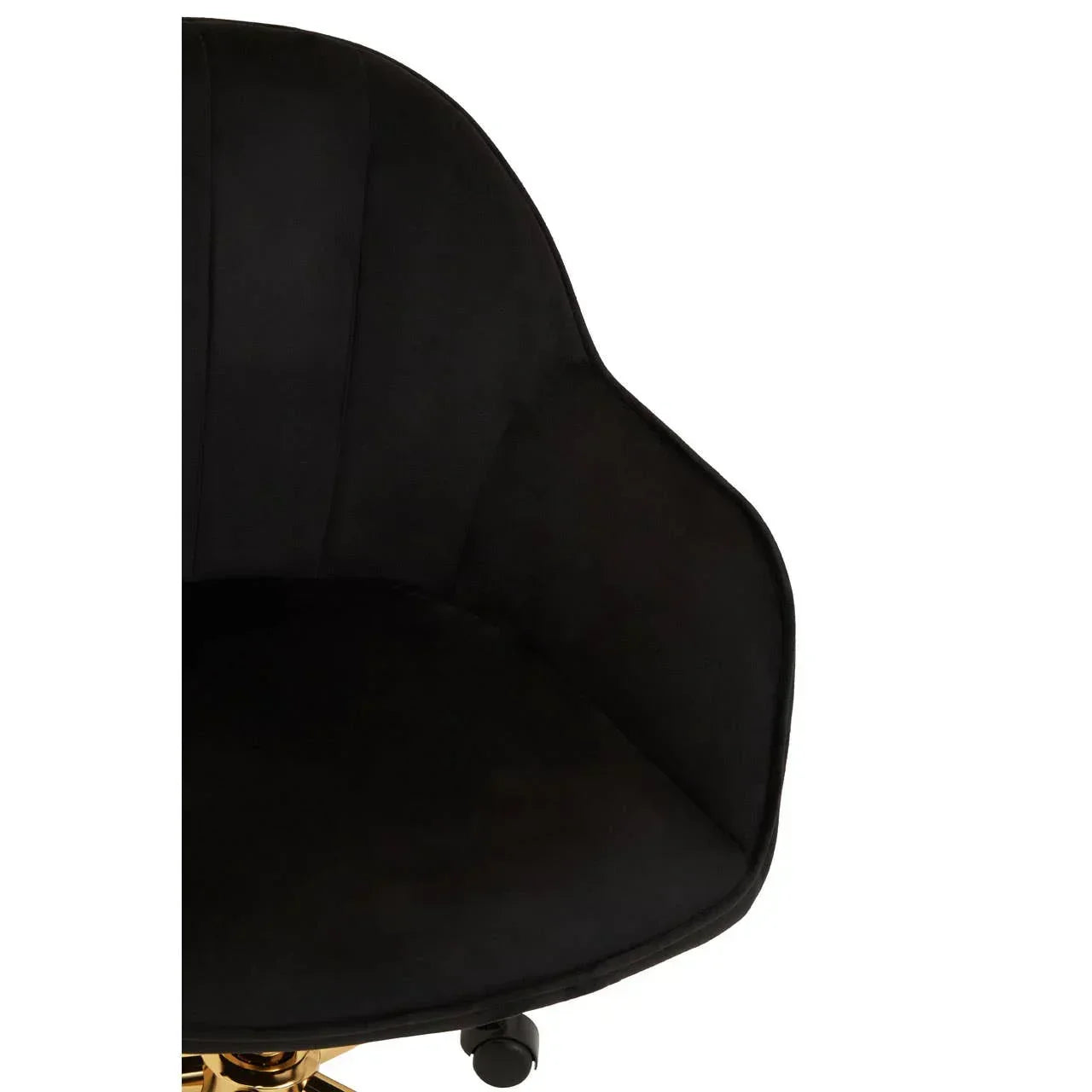 Closeup of black velvet office chair seat with gold base and caster wheel