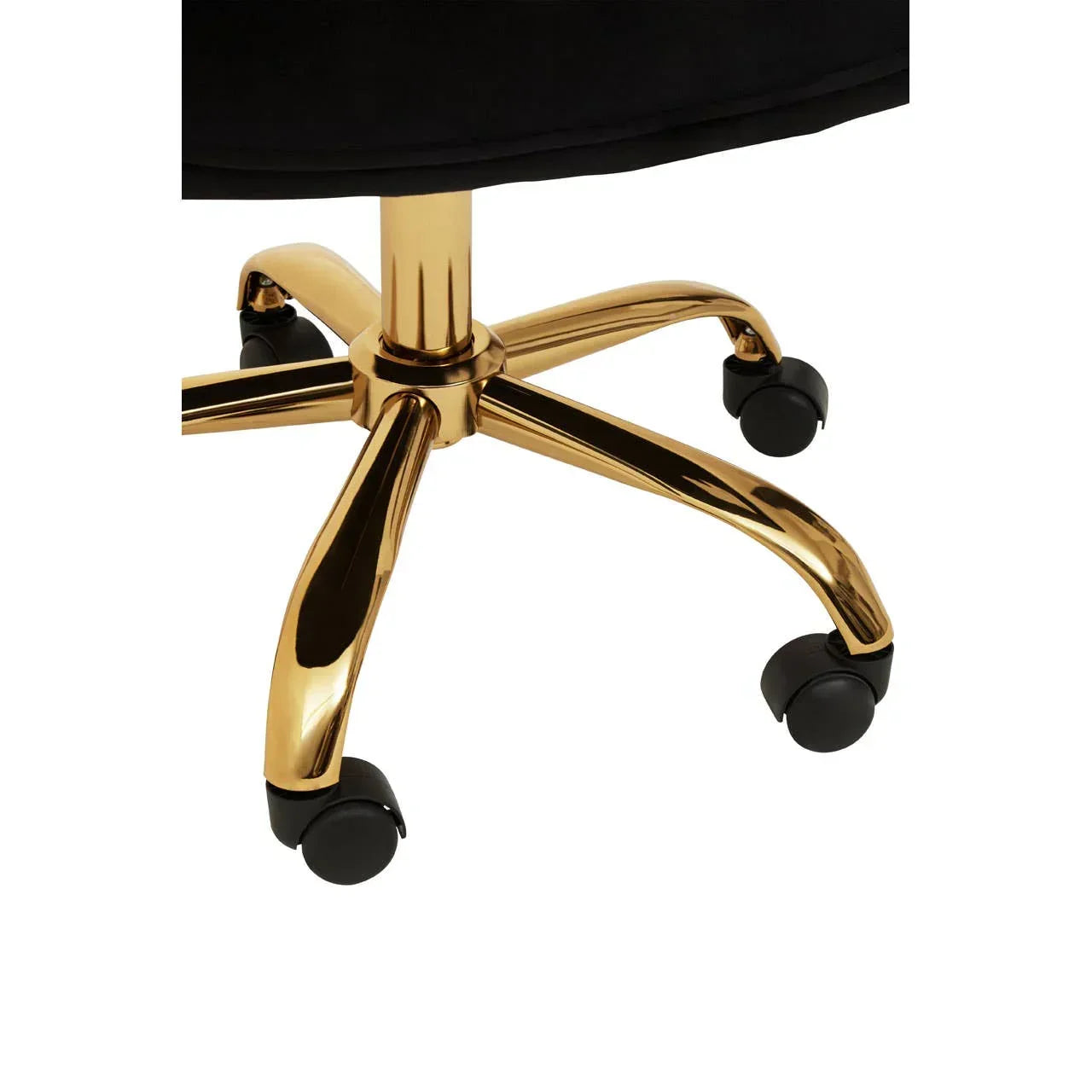 Gold office chair base with five black caster wheels on white background