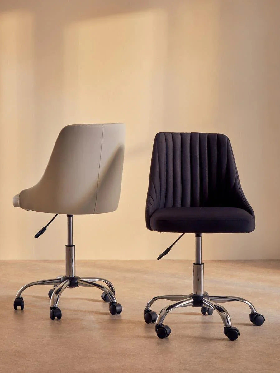 Pair of swivel office chairs with chrome bases, one in beige and one in black upholstery