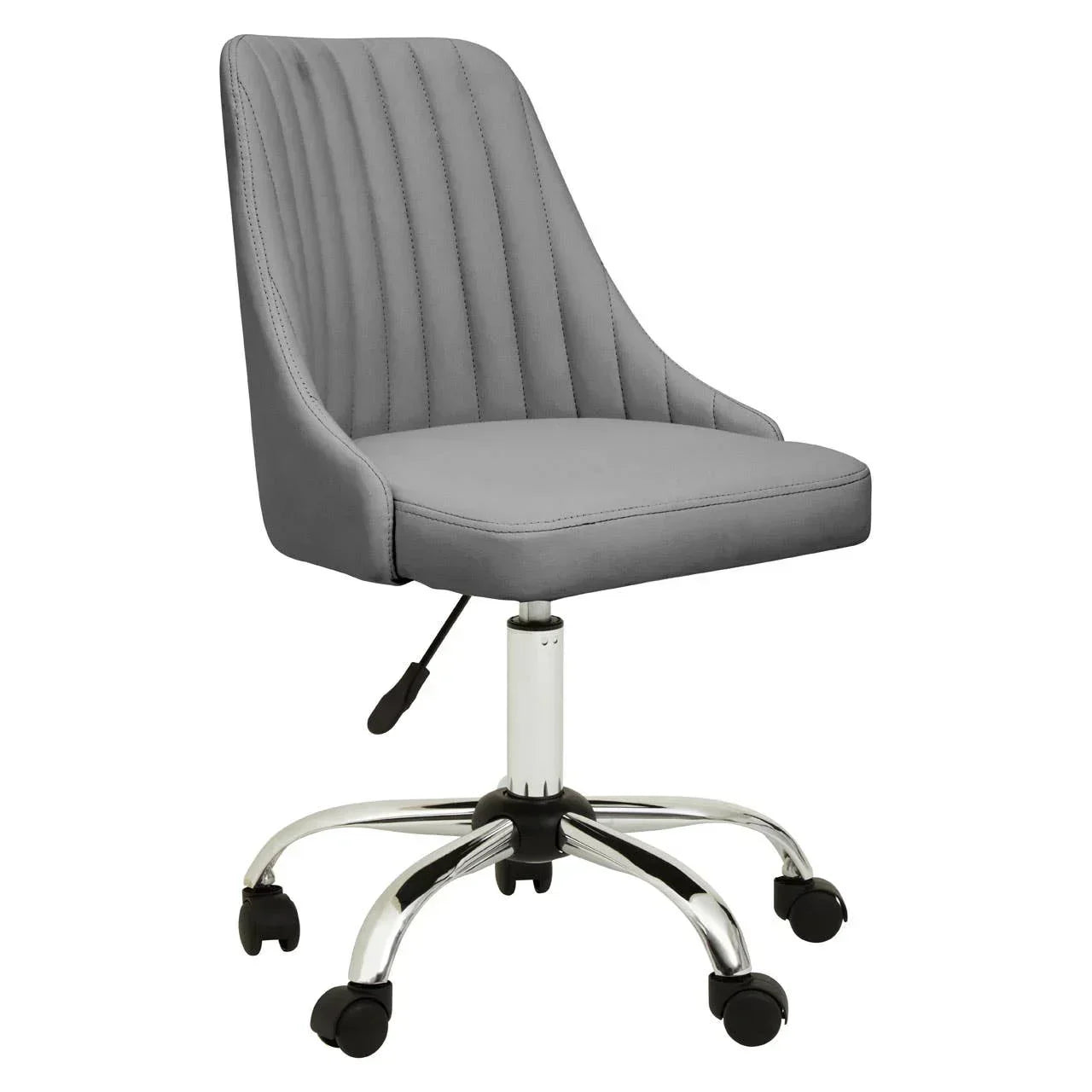 Grey fabric office chair with chrome base and wheels, side view