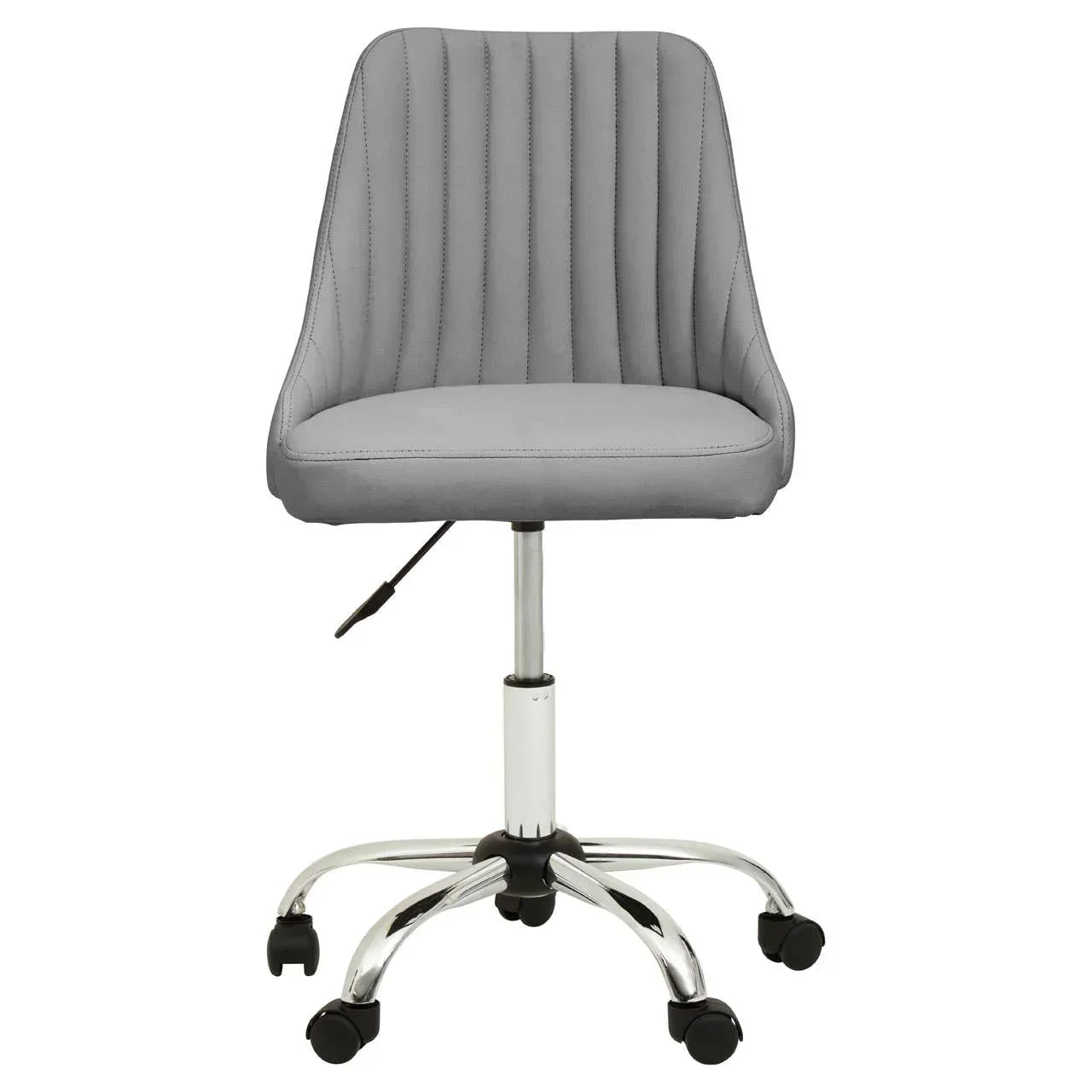 Grey office chair with vertical stitching and chrome base on castor wheels, front view