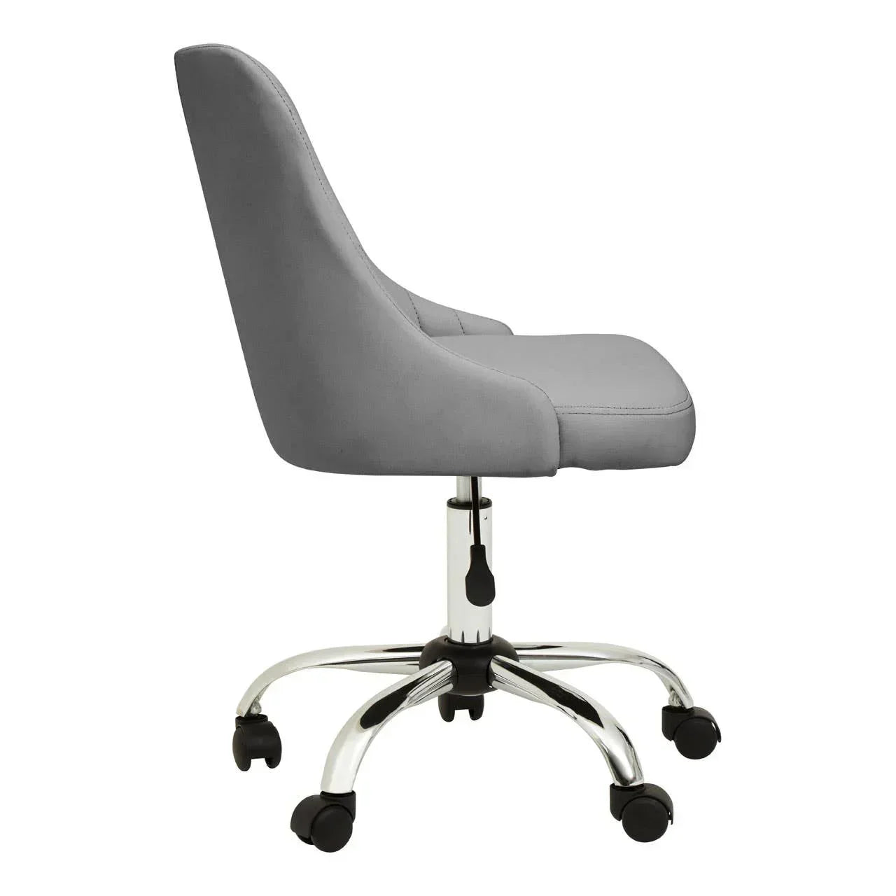 Grey office chair with padded seat, chrome base, and castor wheels side view