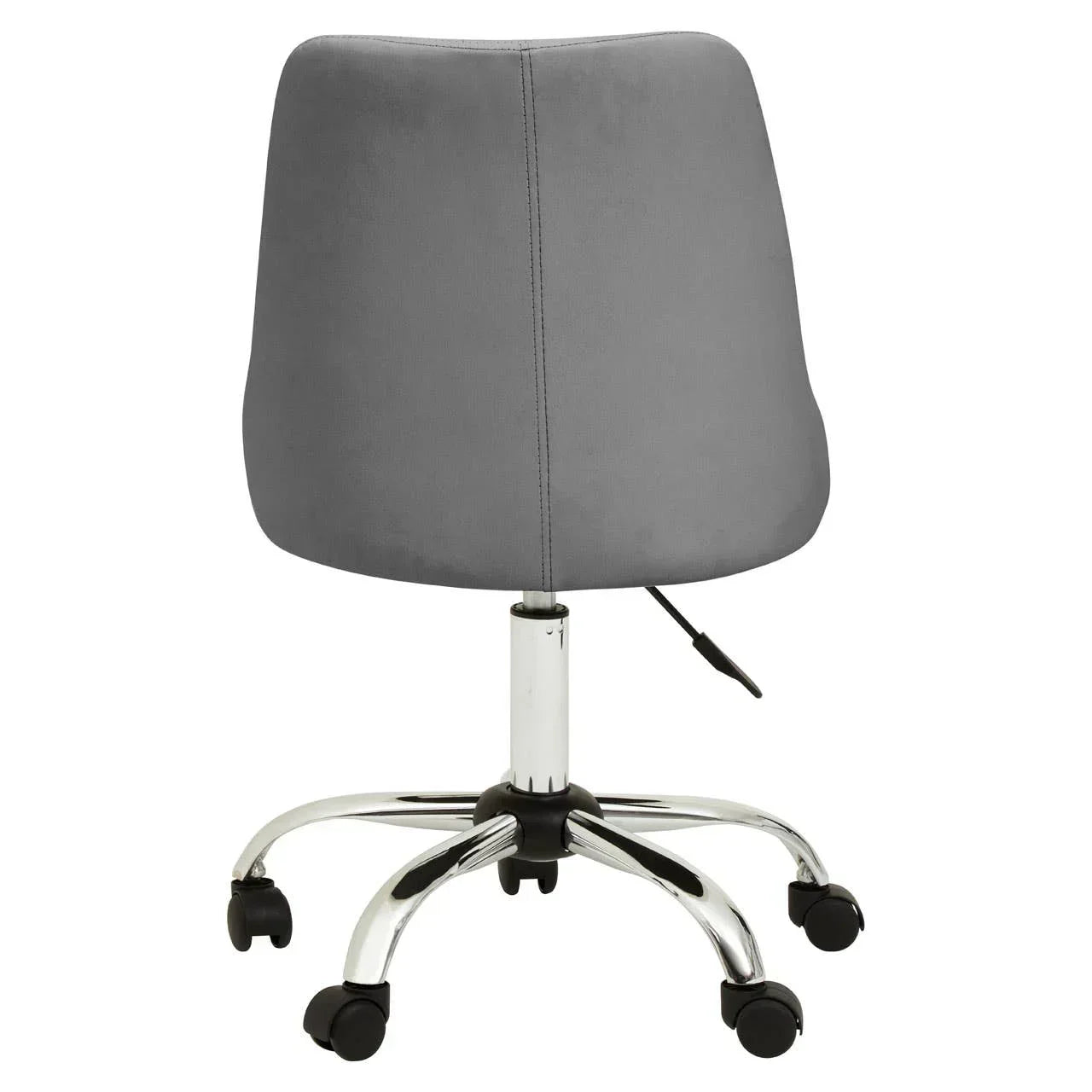 Grey office chair with chrome base and casters, rear view