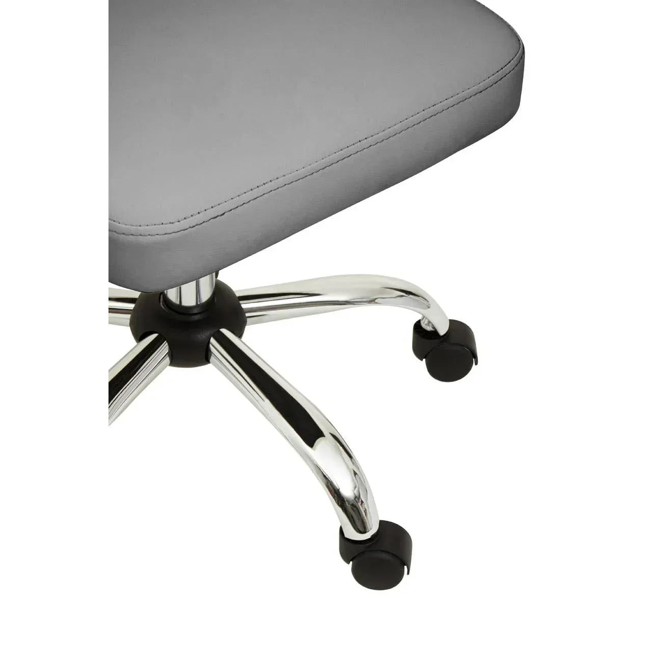 Grey office chair seat with chrome base and black caster wheels, close-up view