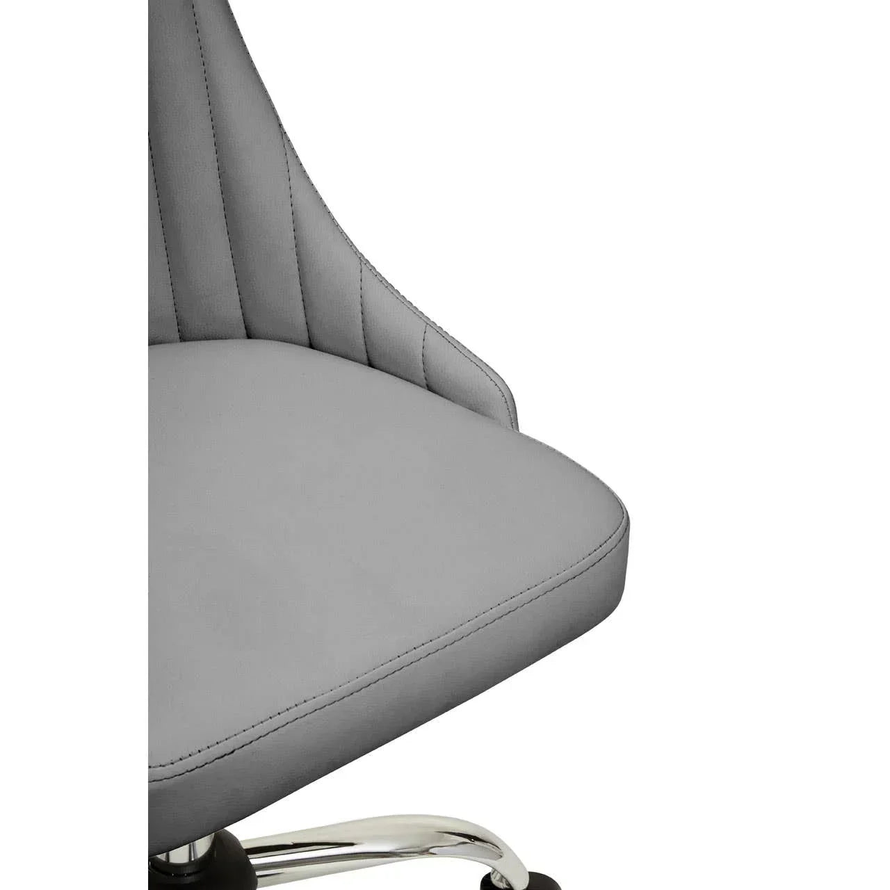 Grey office chair seat with vertical stitching and chrome base detail