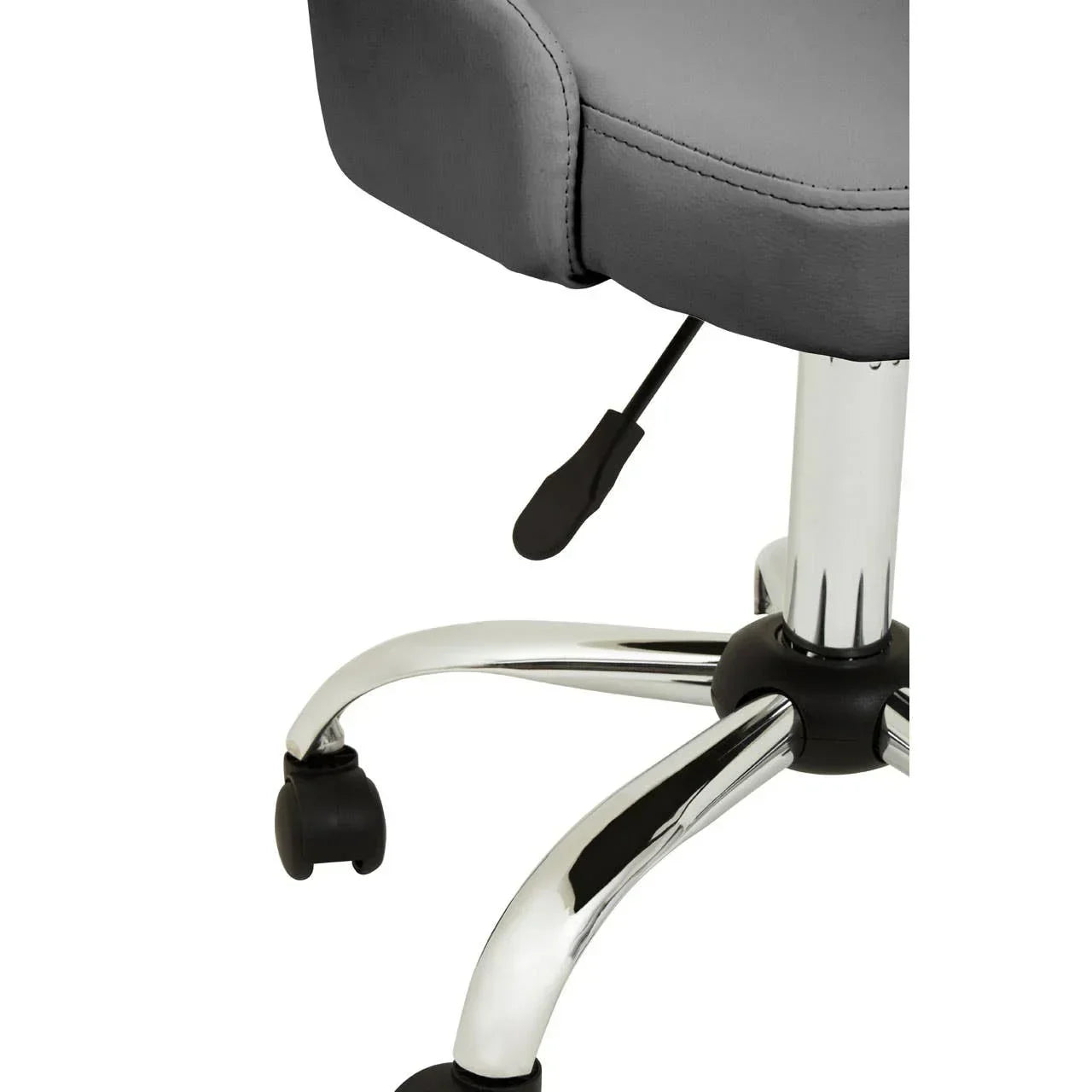 Grey office chair seat with pneumatic lift, chrome base, and castor wheels close-up
