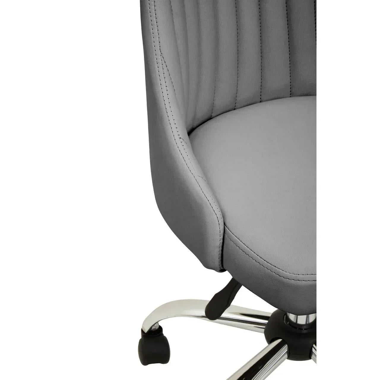 Grey fabric office chair with vertical stitching and chrome base on wheels, close up view