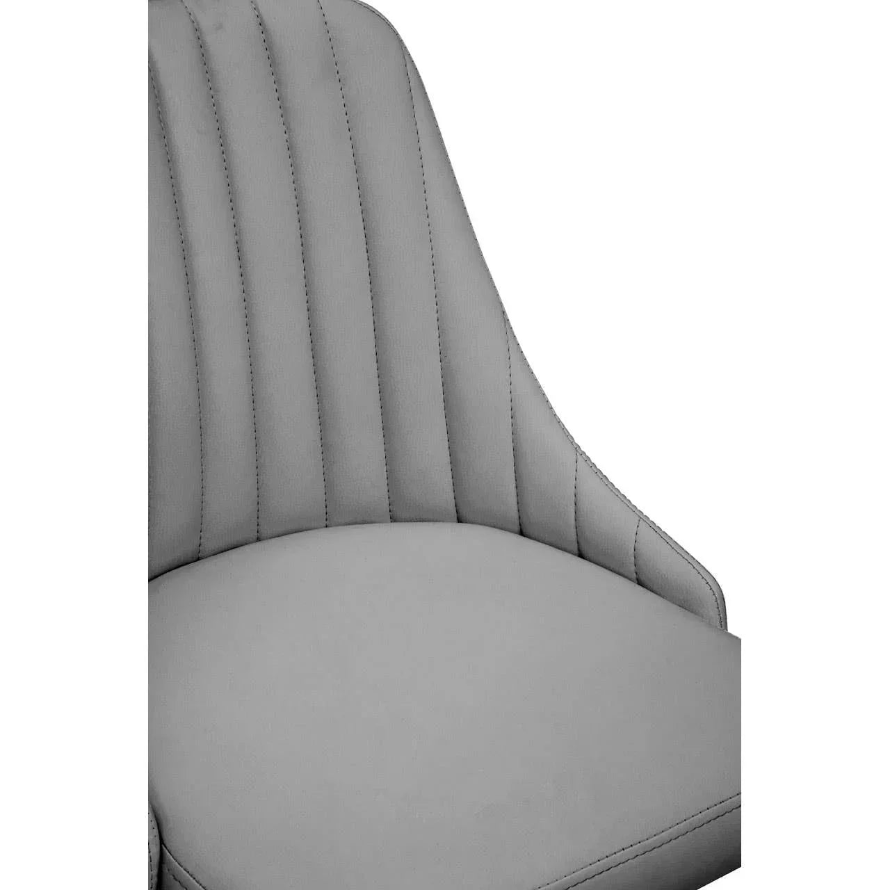 Grey dining chair with vertical stitching and curved backrest, close-up view