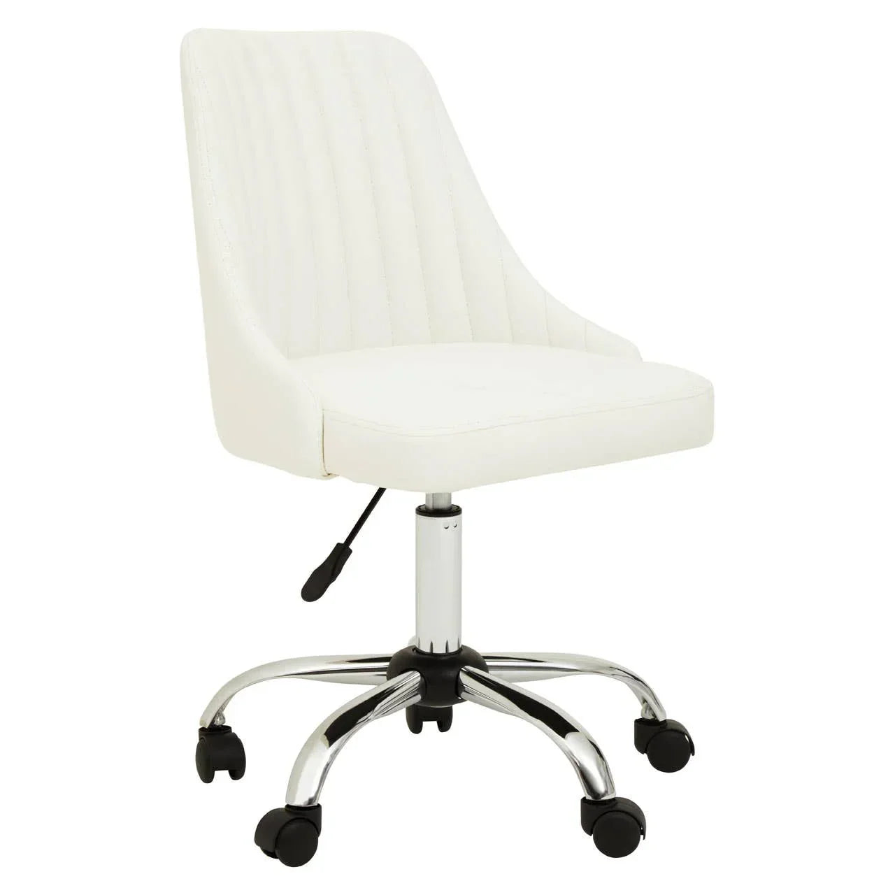 white office chair with chrome base and swivel wheels, side view