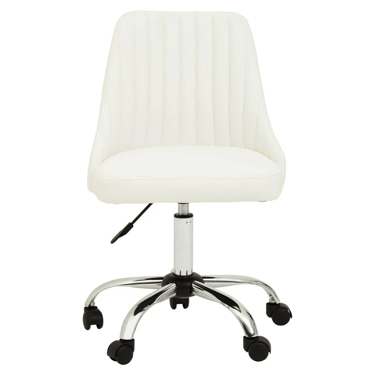 White swivel office chair with chrome base and adjustable height lever, front view