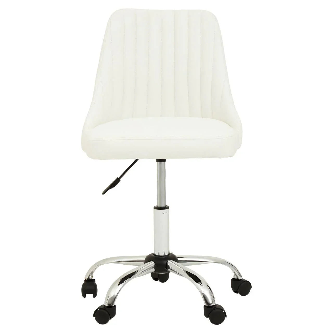 White office chair with ribbed upholstery and chrome base on casters