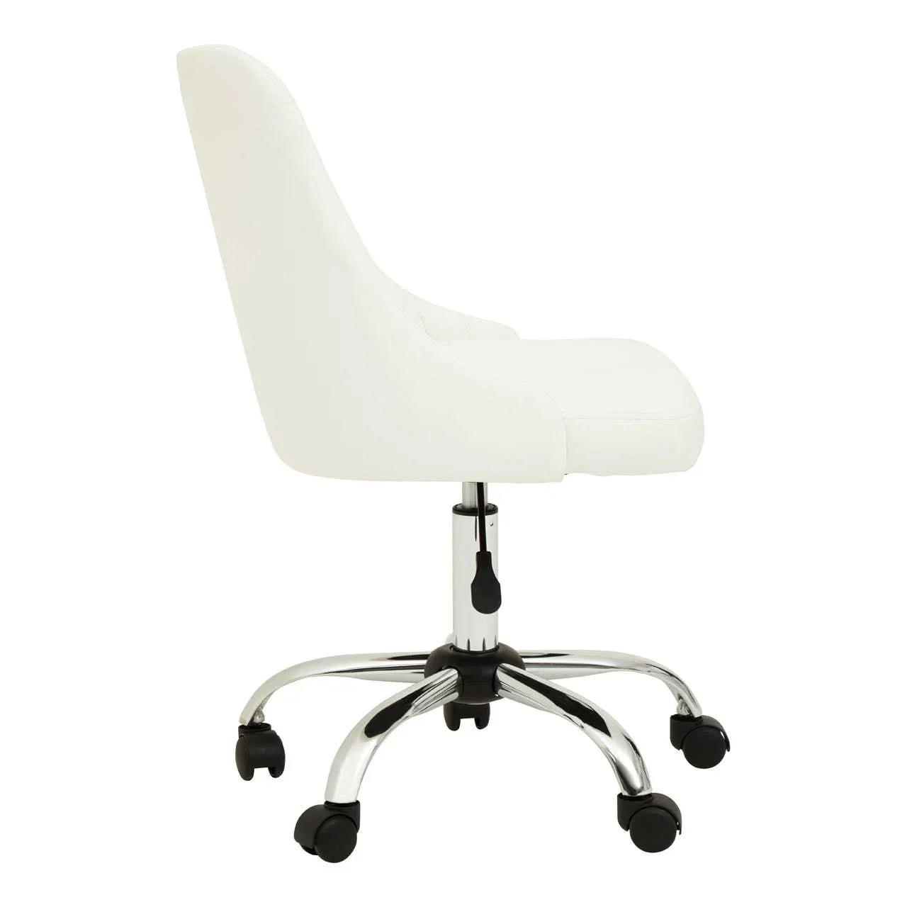 White office chair with chrome base and casters, side profile view