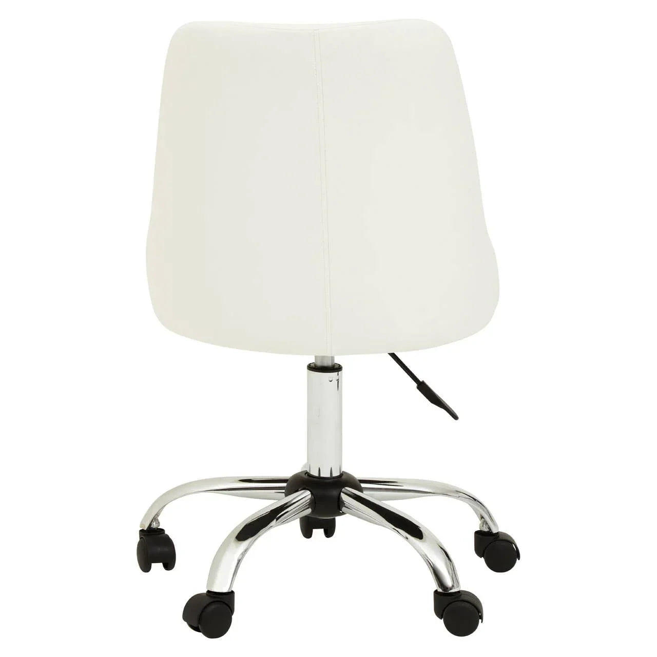 White office chair with chrome base and casters, viewed from the back