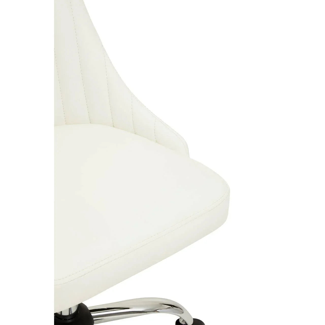 Close-up of white leather office chair seat with chrome base