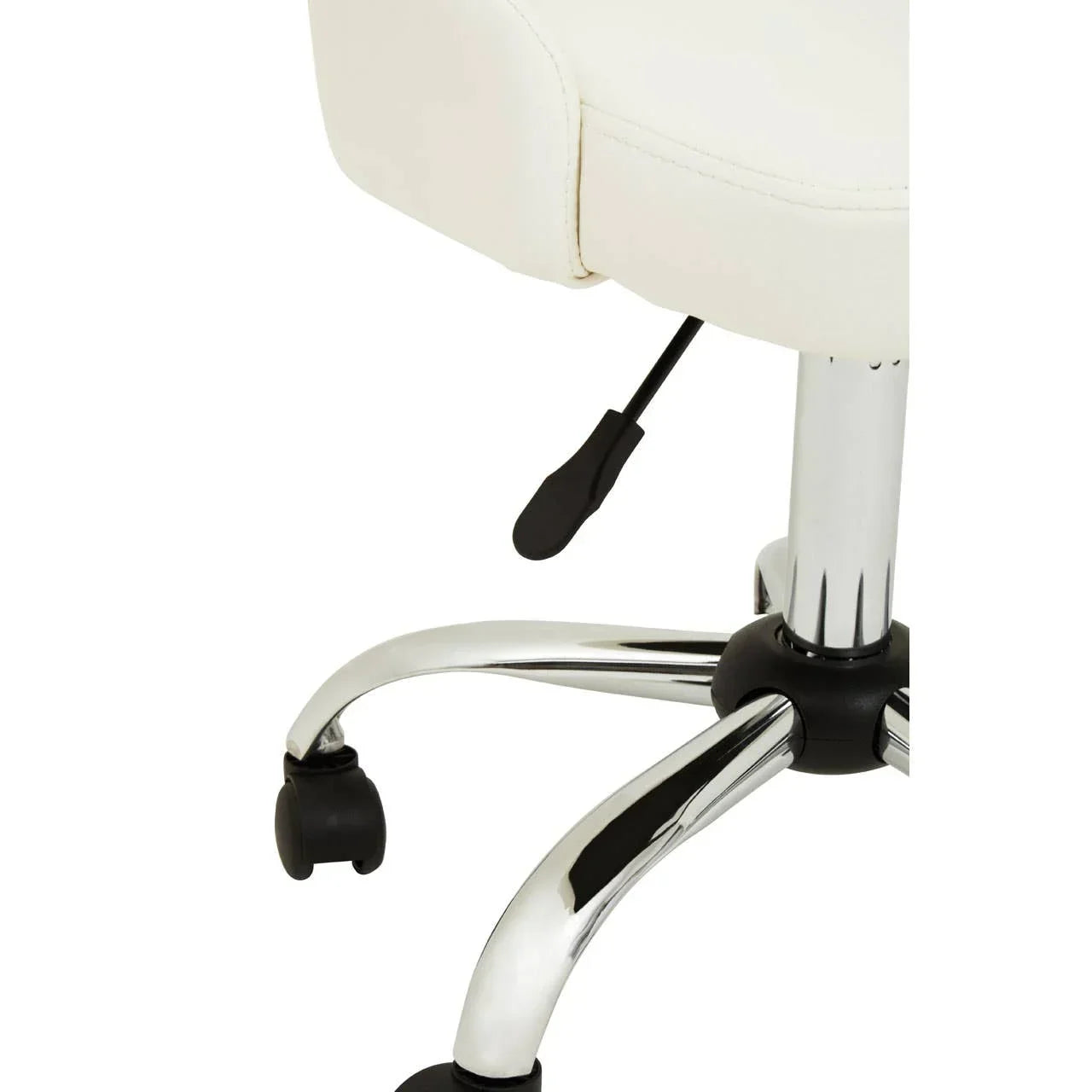 White office chair with chrome legs, black casters, and adjustable height lever close-up