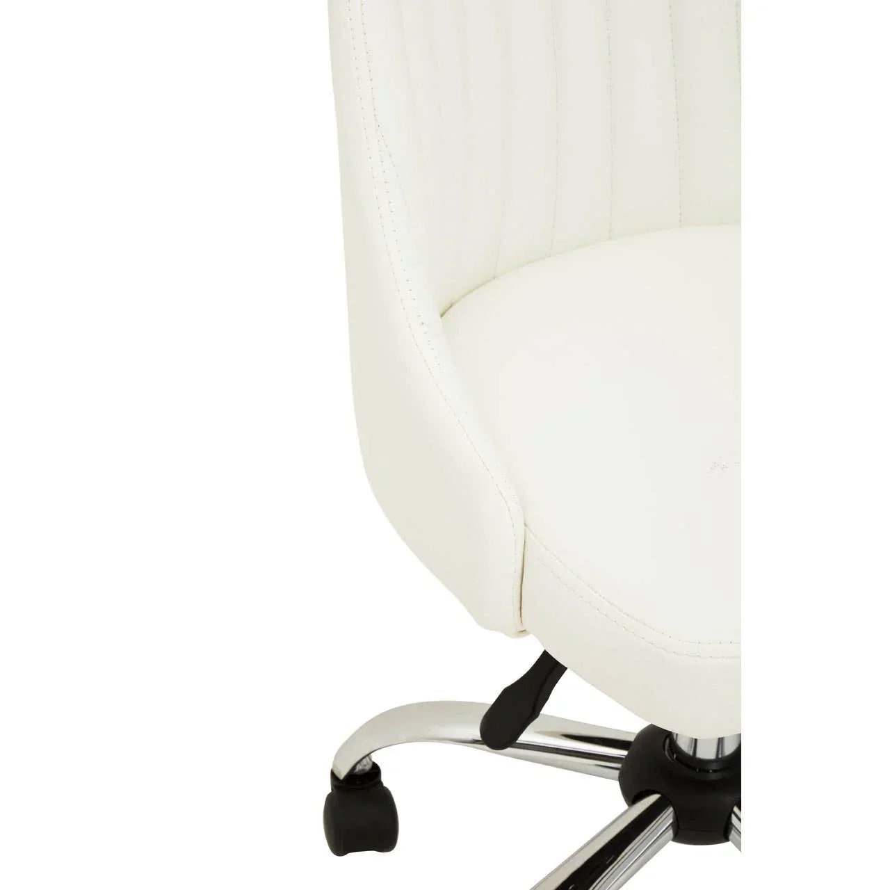 White office chair with chrome base and wheels, close-up of seat and lower frame
